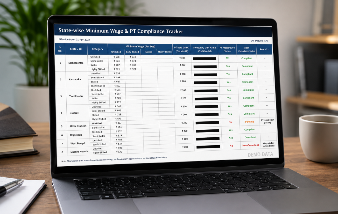 Sample redacted State-wise Minimum Wage and PT Compliance Tracker