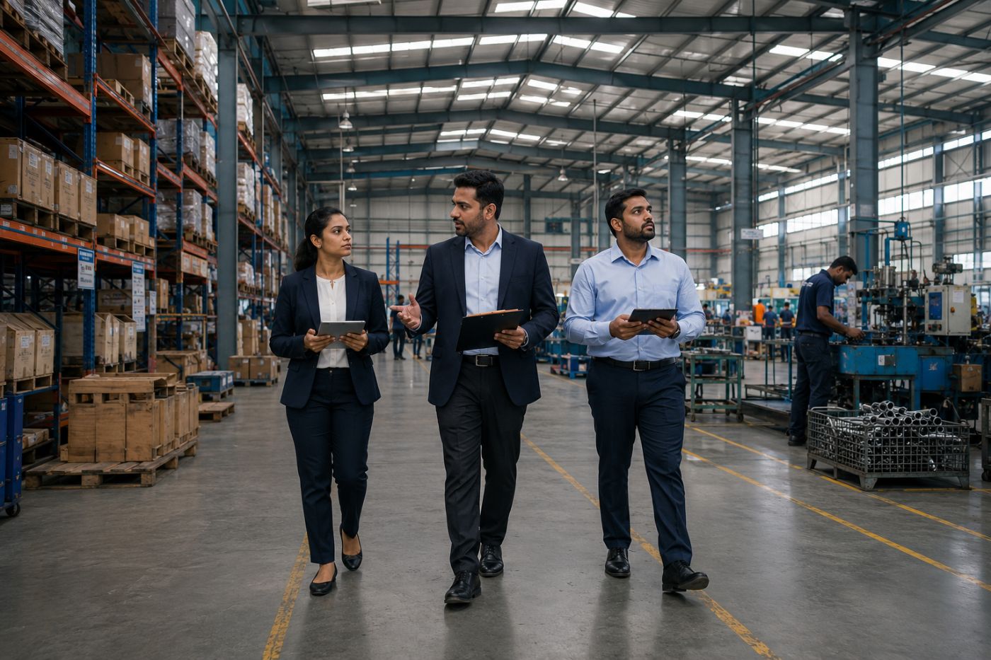 Audit team reviewing a multi-site warehouse operation